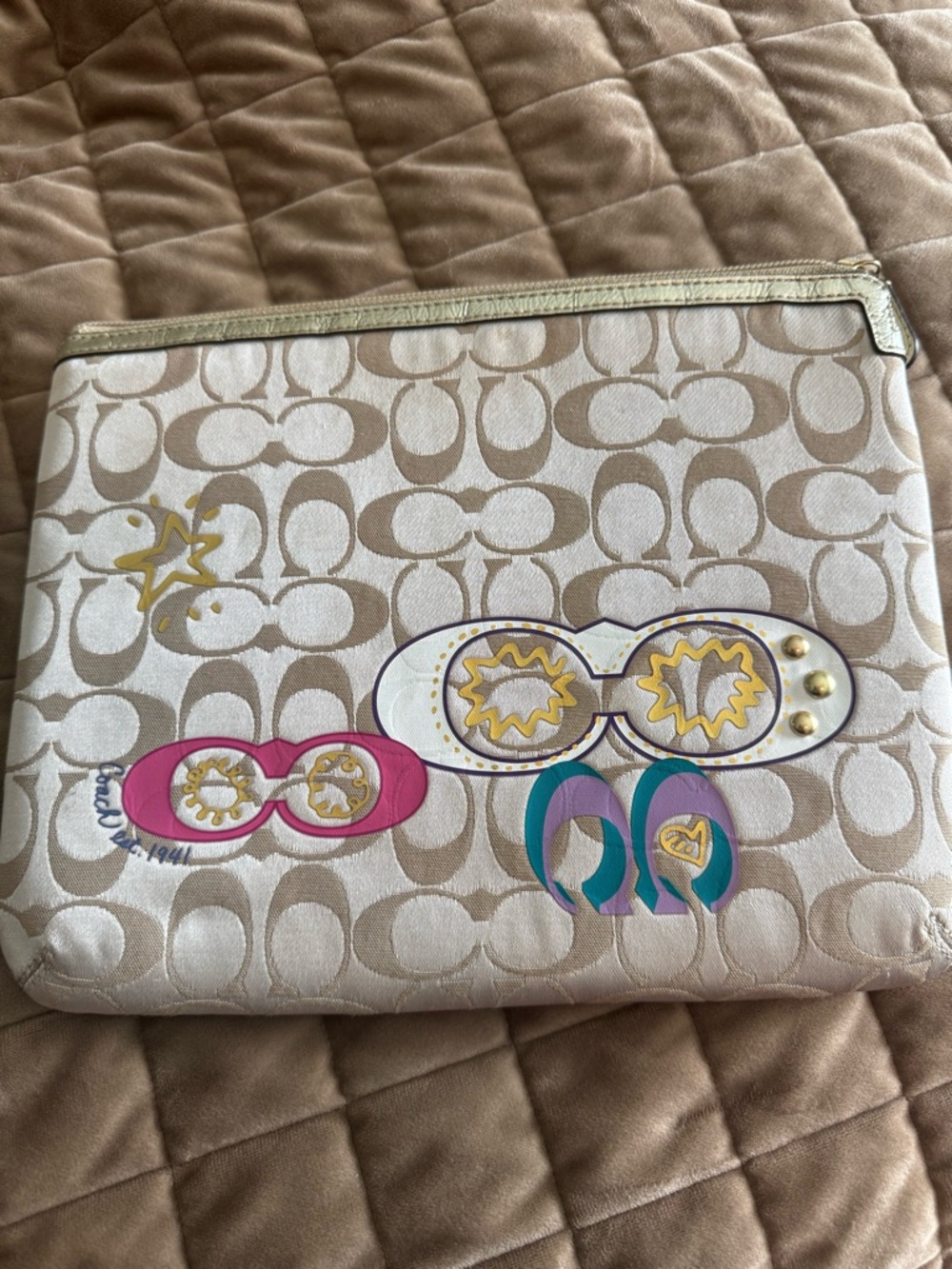 Coach Beige Signature Canvas Pouch/tablet case with Colorful Appliqués